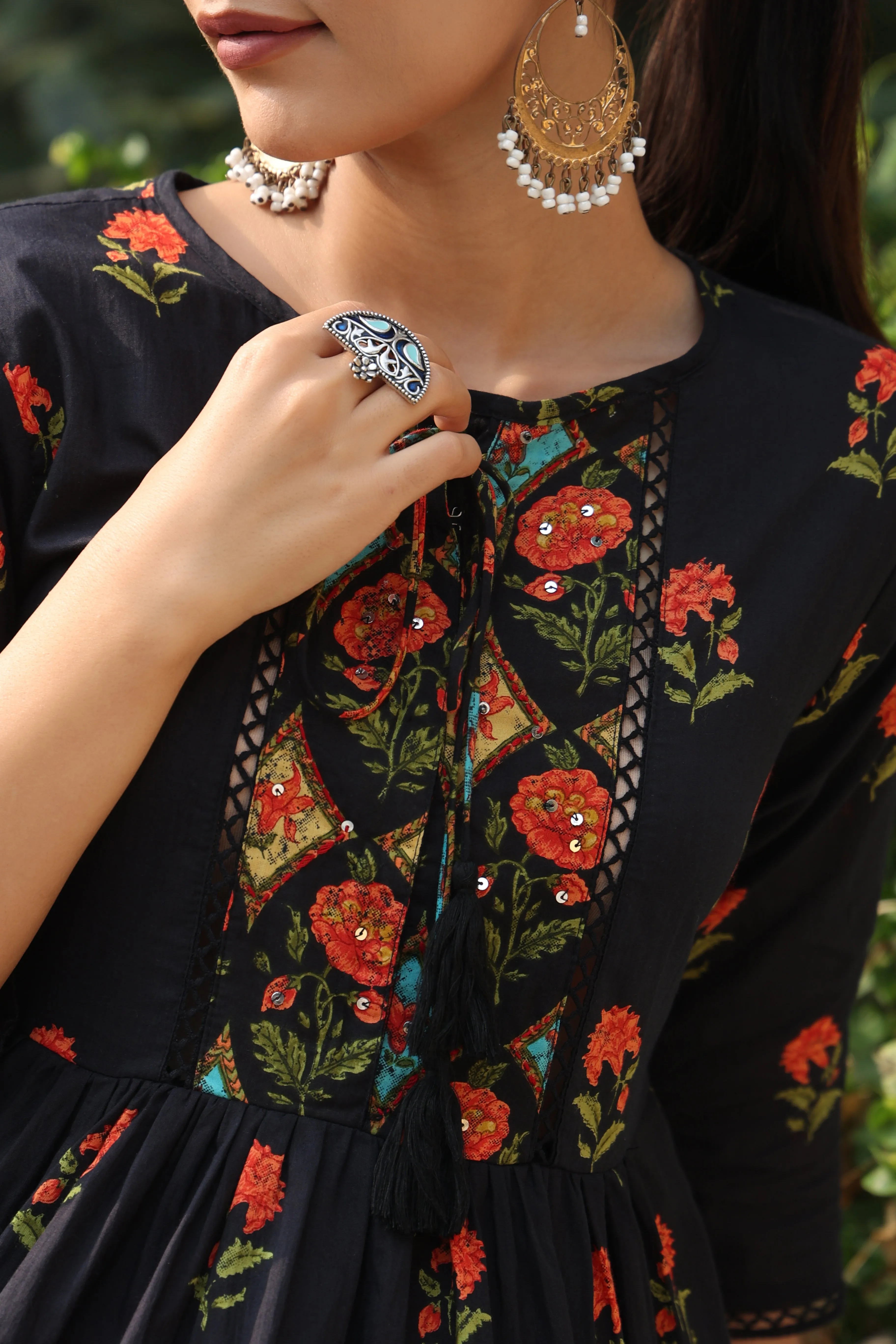 Black Cambric Printed Tiered Top