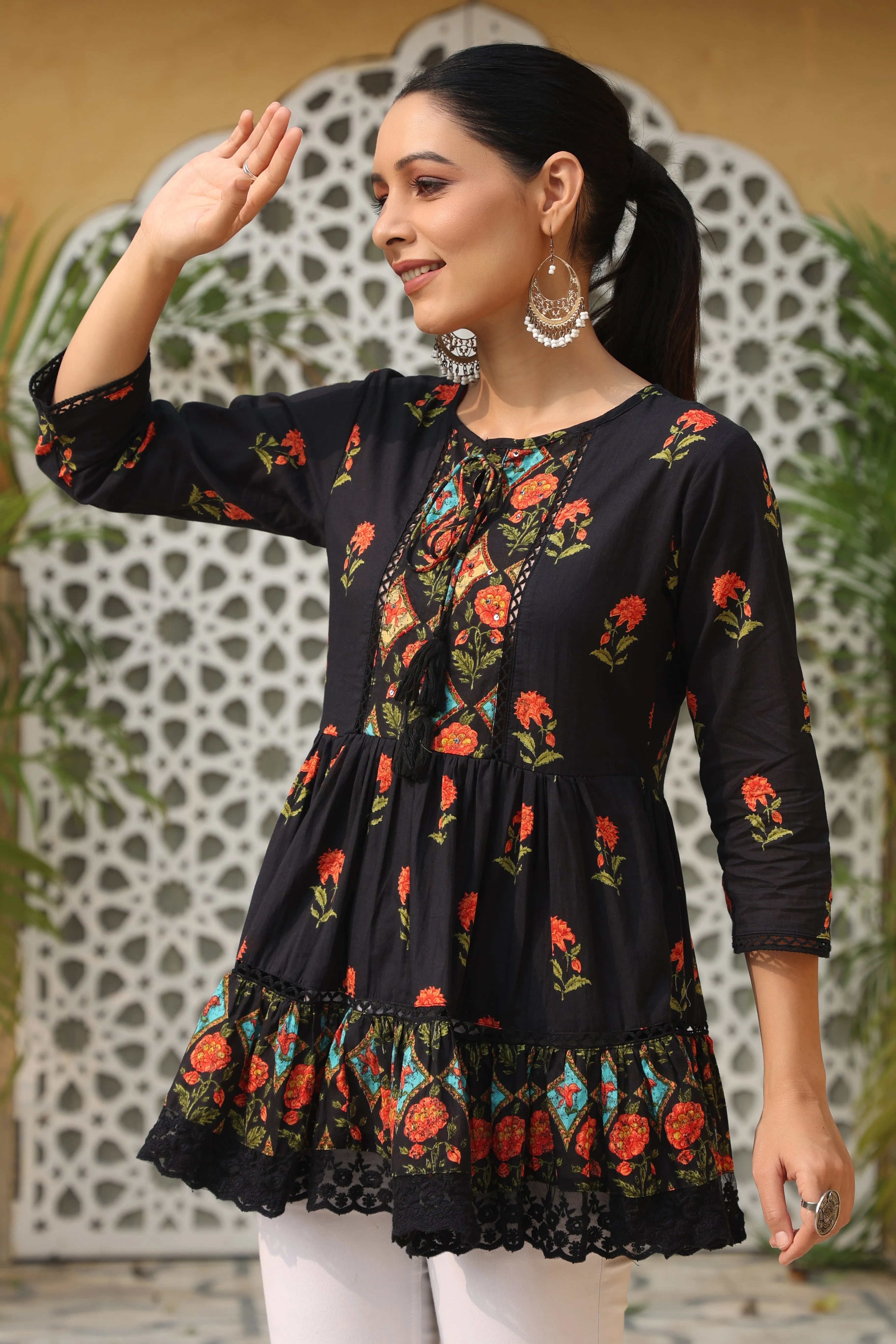 Black Cambric Printed Tiered Top
