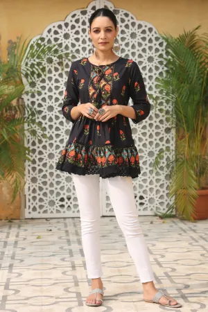 Black Cambric Printed Tiered Top