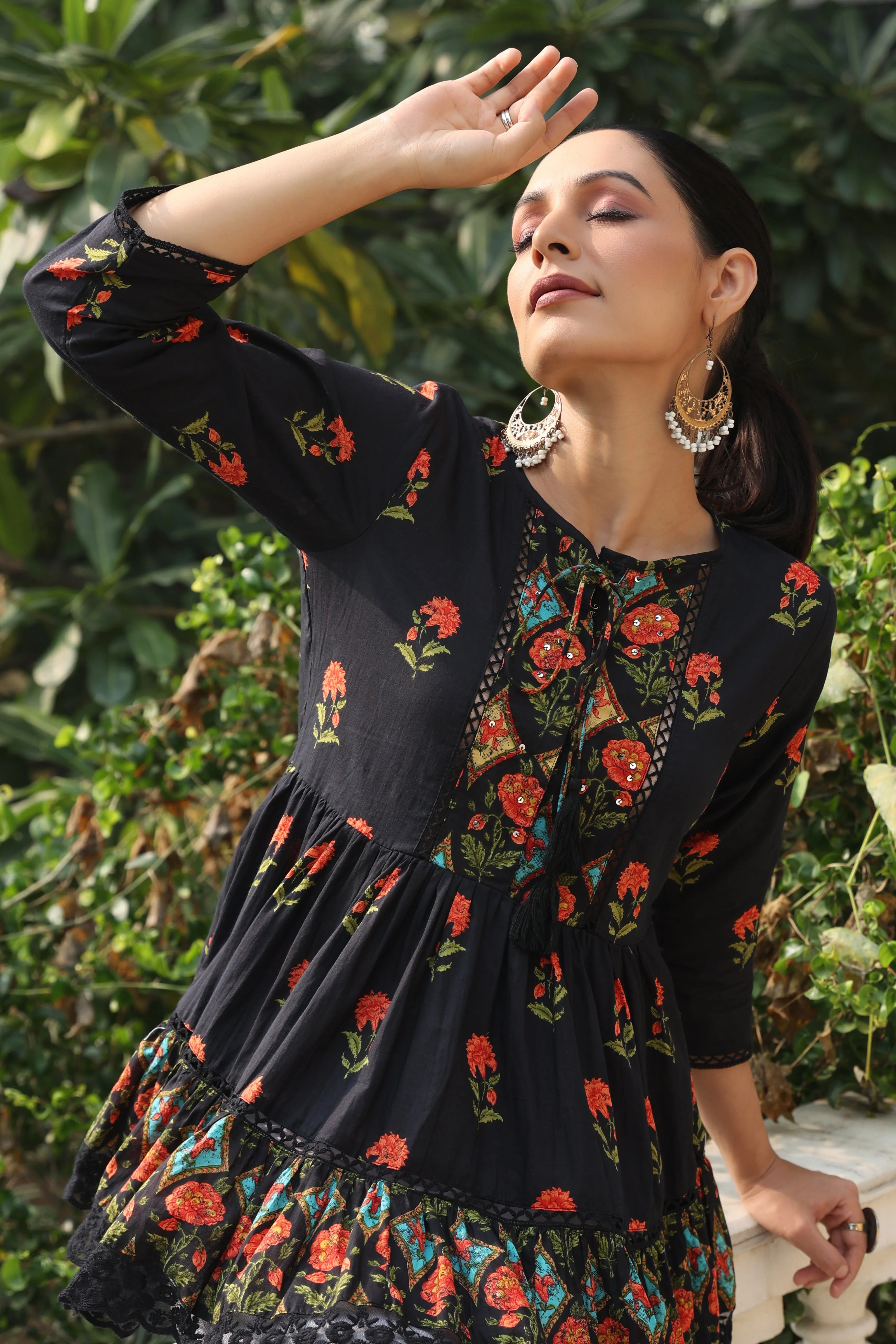 Black Cambric Printed Tiered Top