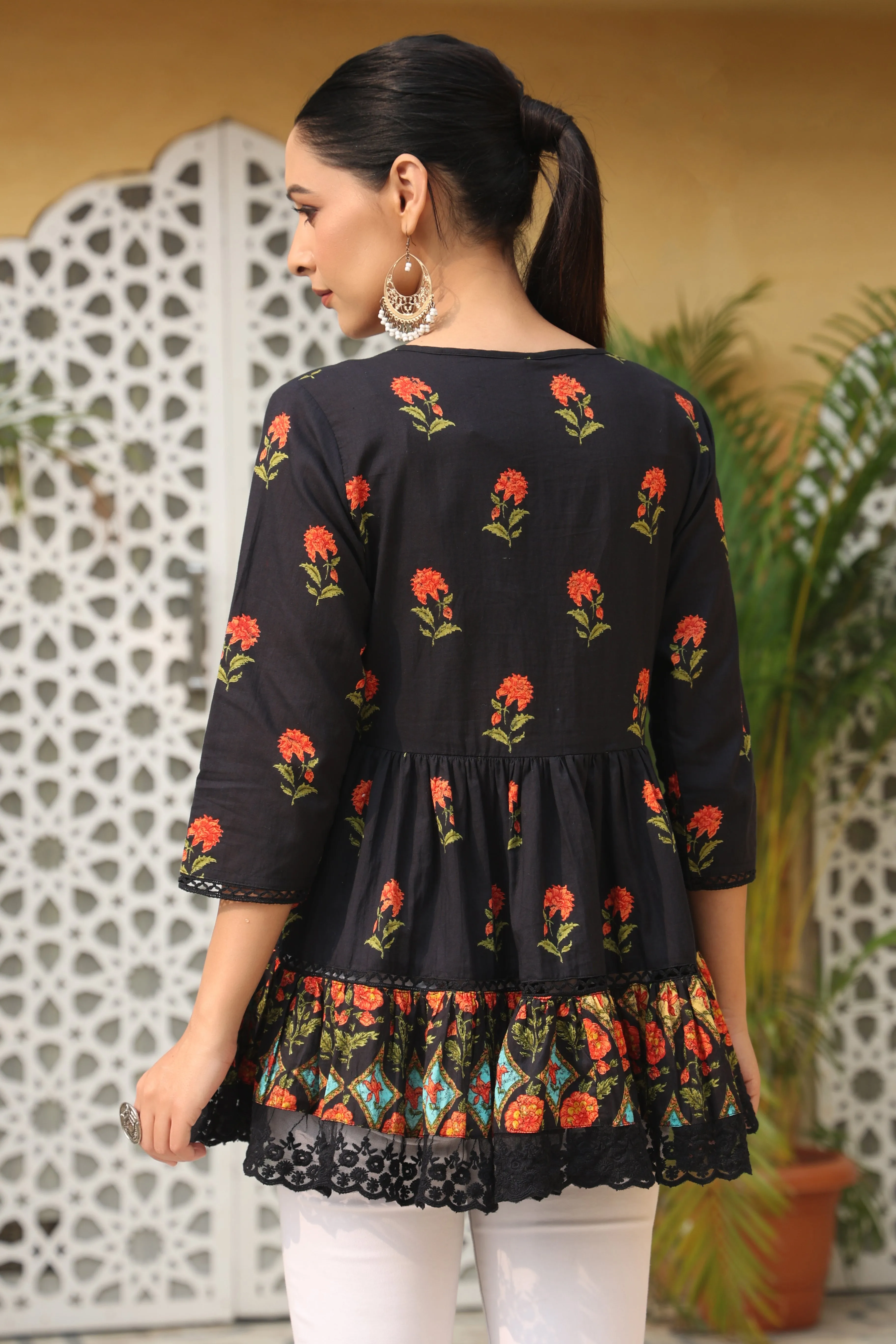 Black Cambric Printed Tiered Top