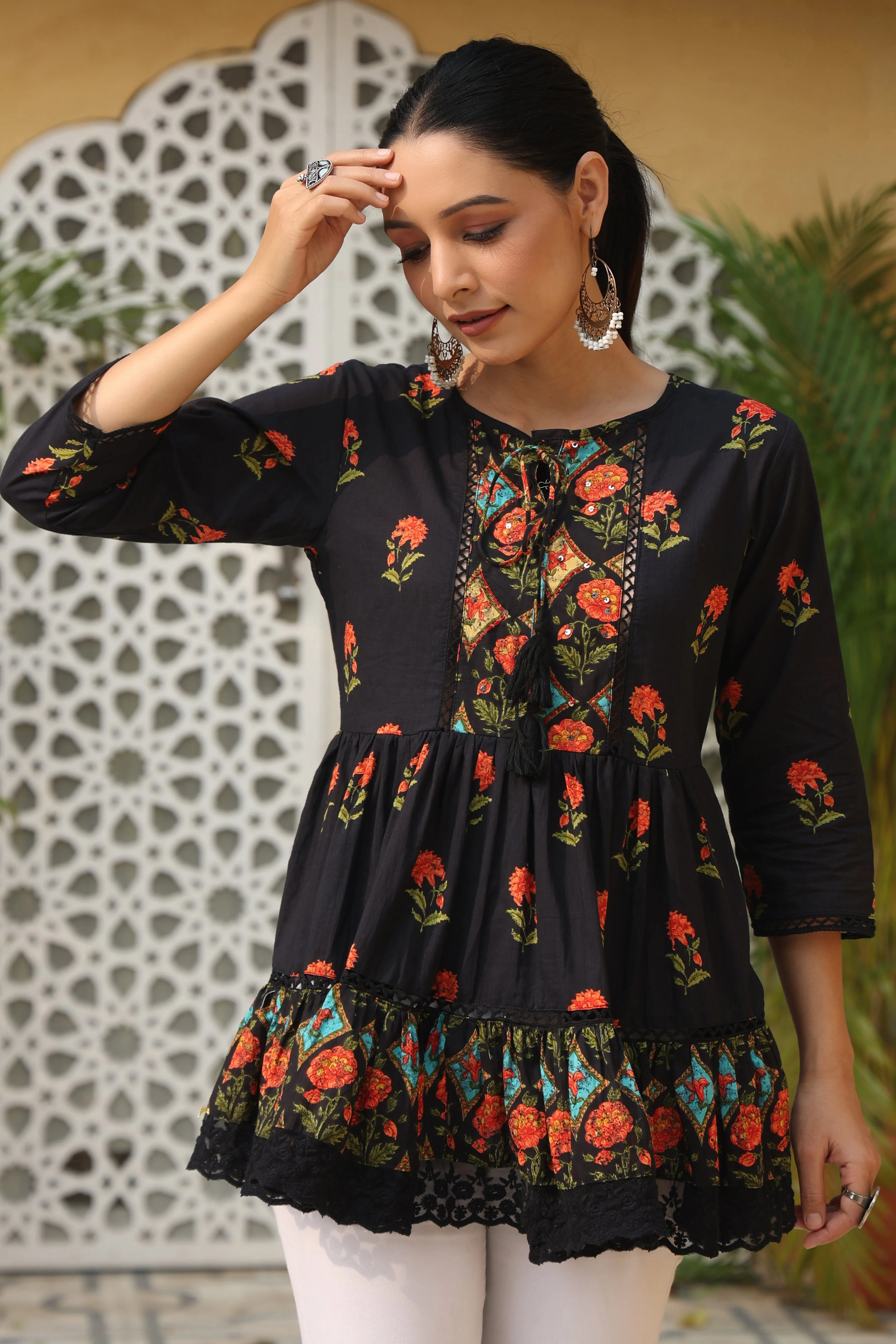Black Cambric Printed Tiered Top