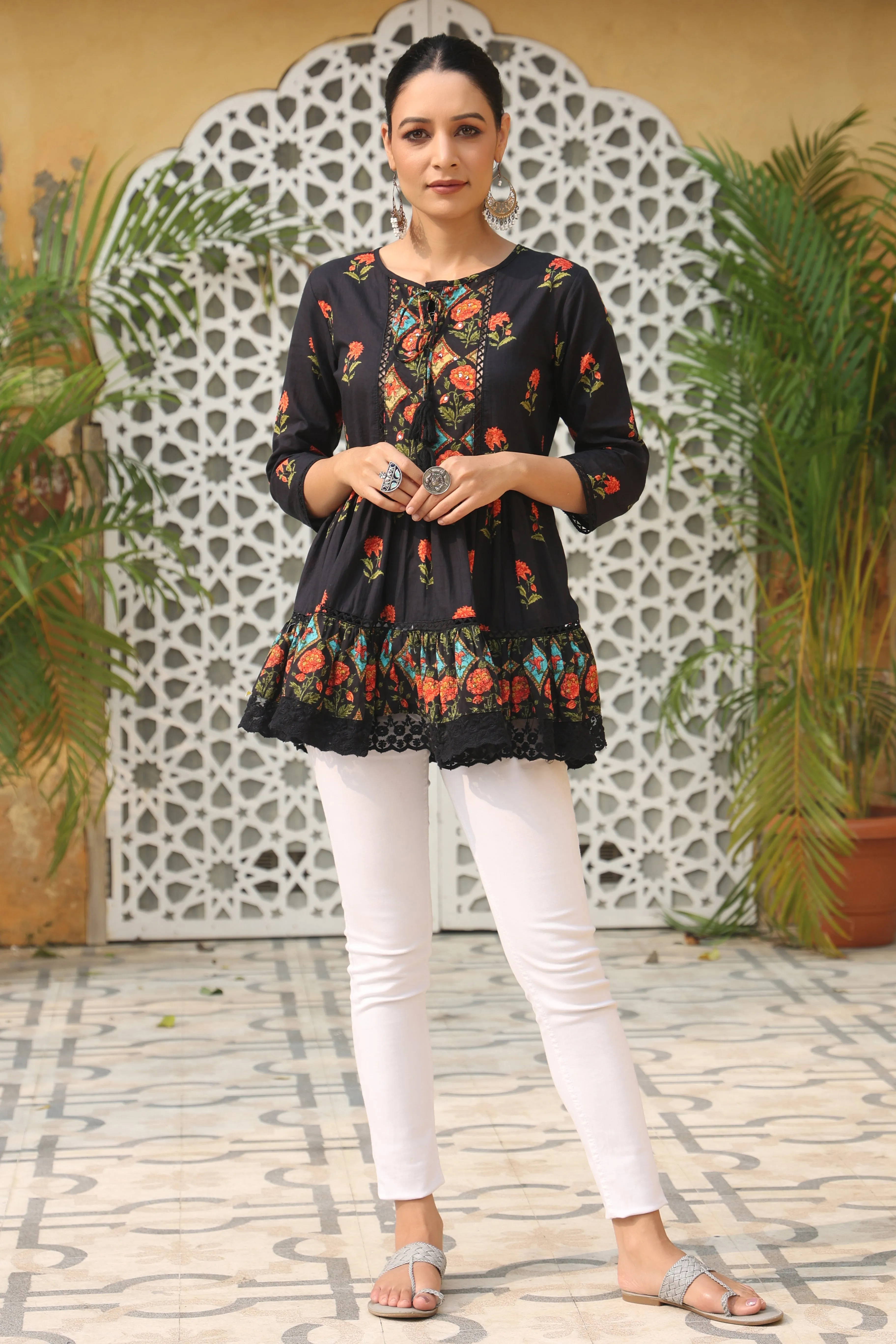 Black Cambric Printed Tiered Top