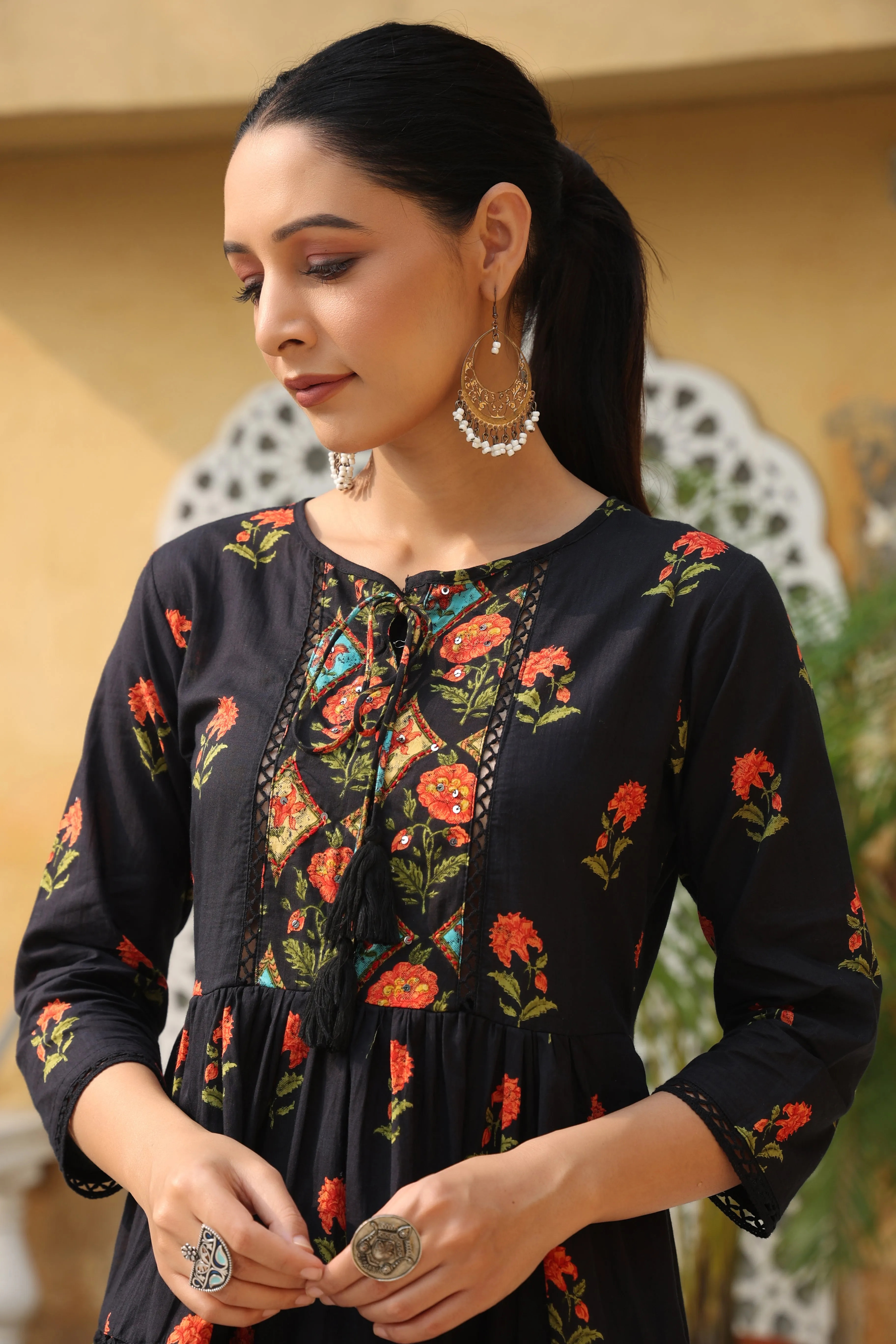 Black Cambric Printed Tiered Top