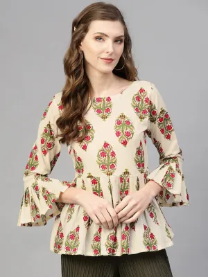 Cream Multi Colored Floral Printed Top With Round & 3/4 Sleeves
