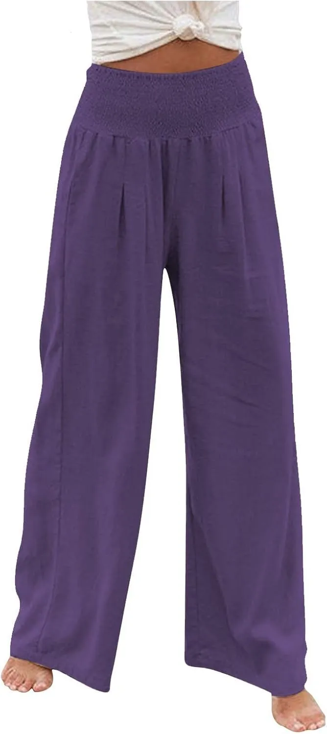 Linen Pants for Women Wide Leg Elastic High Waisted Palazzo Pants Lounge Yoga Trousers Beach Pants with Pockets