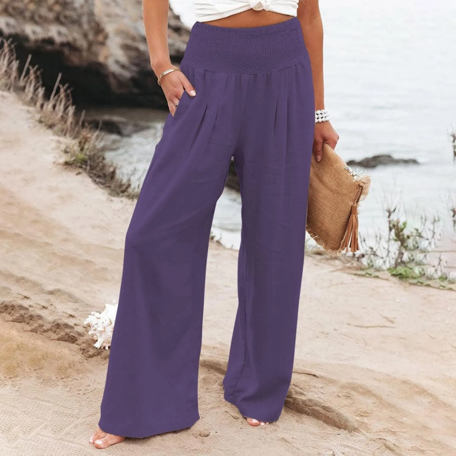 Linen Pants for Women Wide Leg Elastic High Waisted Palazzo Pants Lounge Yoga Trousers Beach Pants with Pockets