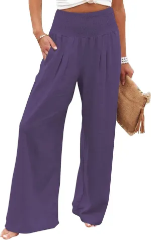 Linen Pants for Women Wide Leg Elastic High Waisted Palazzo Pants Lounge Yoga Trousers Beach Pants with Pockets
