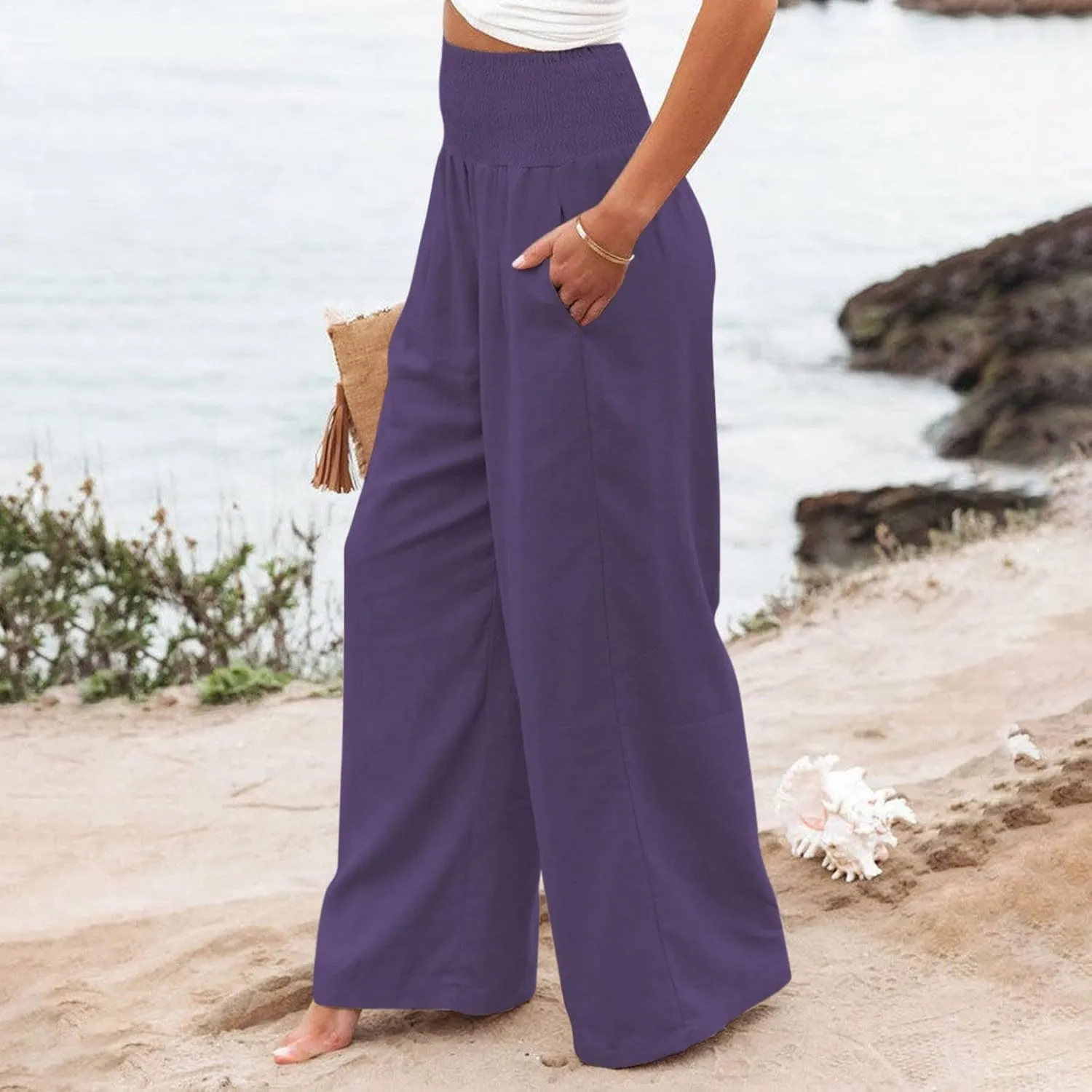 Linen Pants for Women Wide Leg Elastic High Waisted Palazzo Pants Lounge Yoga Trousers Beach Pants with Pockets