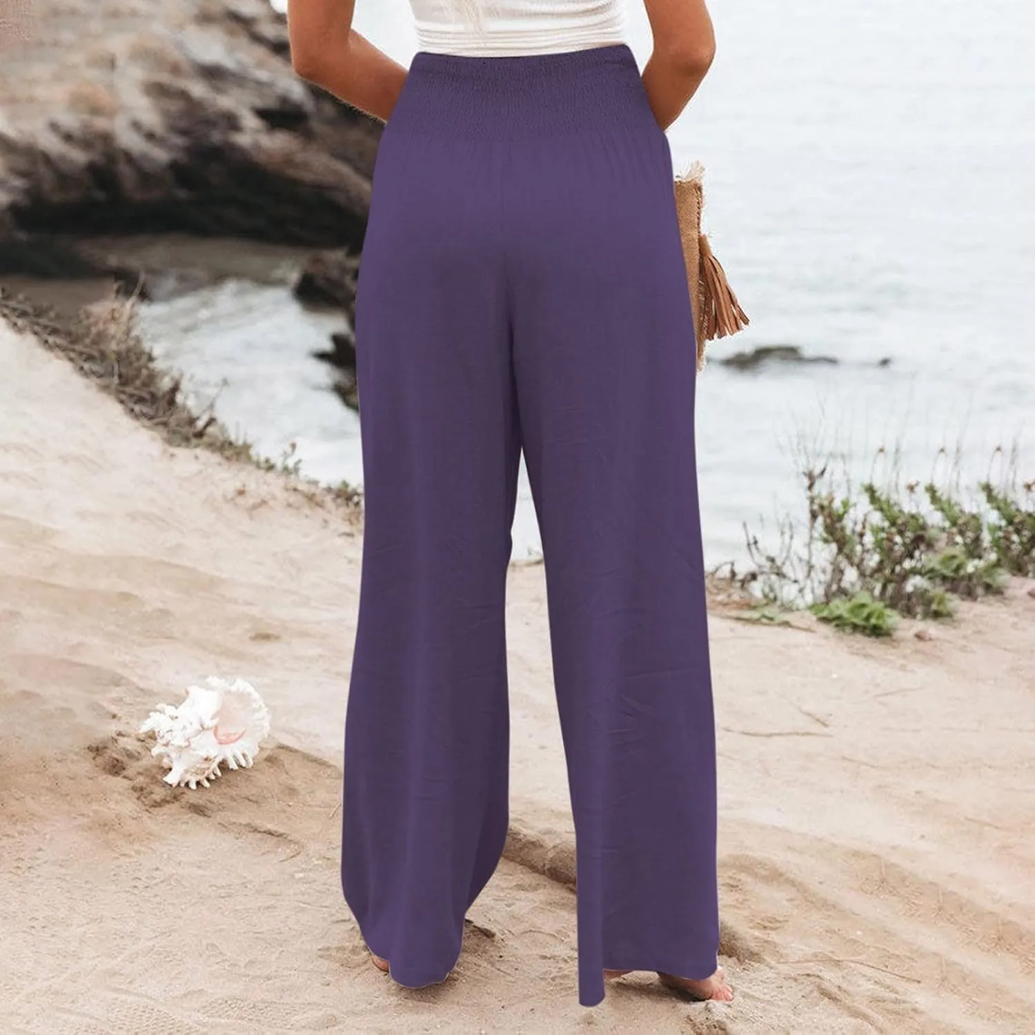 Linen Pants for Women Wide Leg Elastic High Waisted Palazzo Pants Lounge Yoga Trousers Beach Pants with Pockets