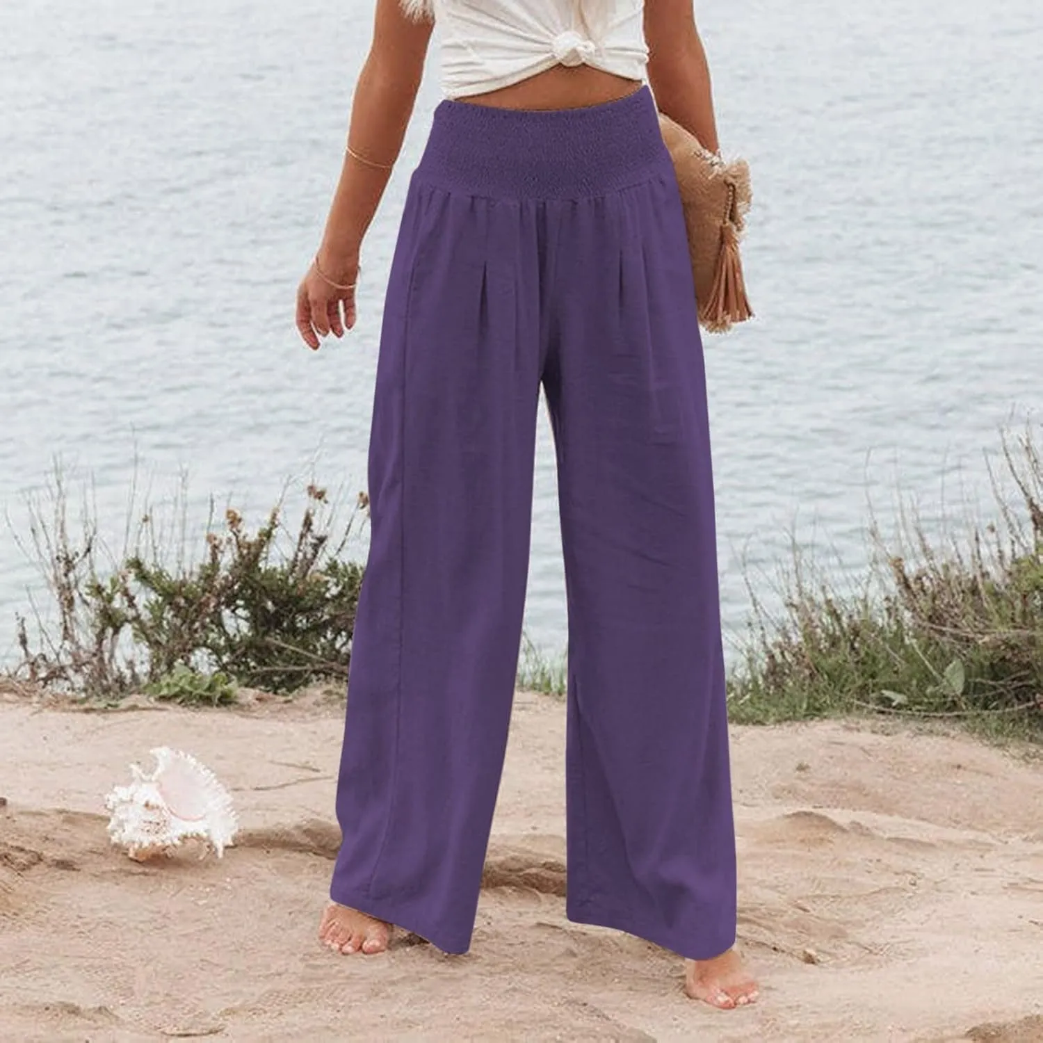 Linen Pants for Women Wide Leg Elastic High Waisted Palazzo Pants Lounge Yoga Trousers Beach Pants with Pockets