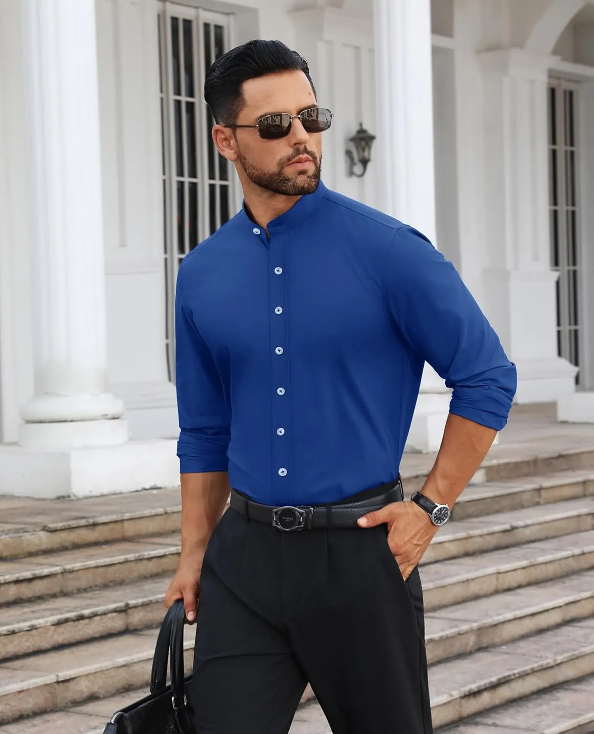 Mens Dress Shirts Wrinkle Free Dress Shirts for Men Long Sleeve Button Down Shirts Banded Collar Shirts