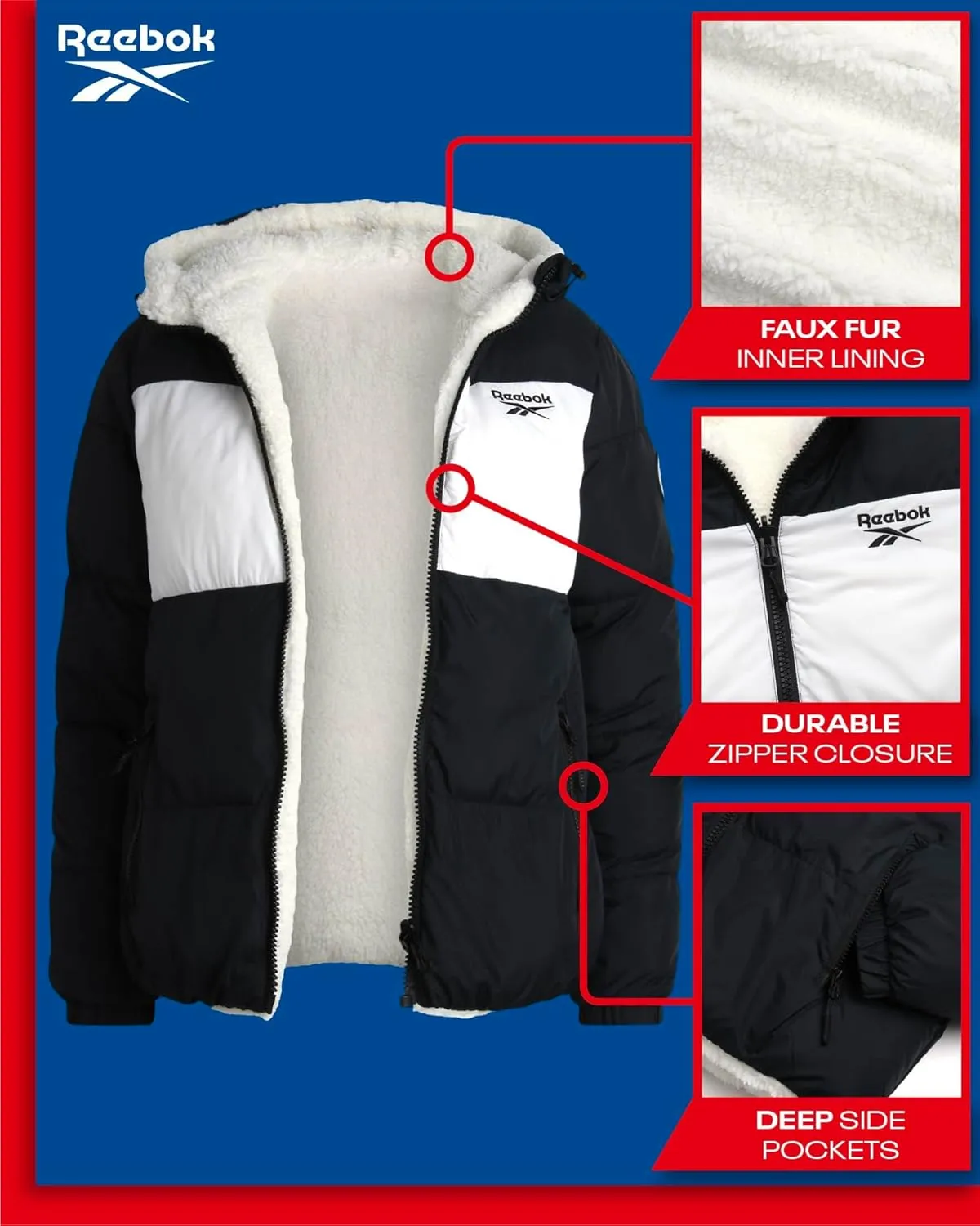 Reebok Women's Winter Jacket - Reversible Quilted Puffer Coat with Sherpa Fleece Lining - Reversible Jacket for Women (S-XL)
