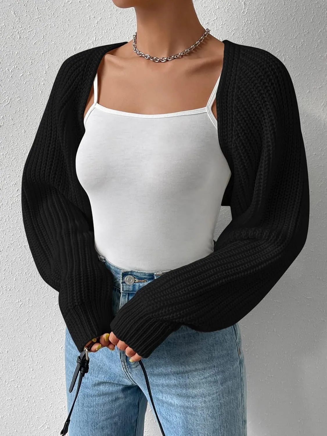 Verdusa Women's Long Sleeve Open Front Knitted Crop Cardigan Sweater Shrug