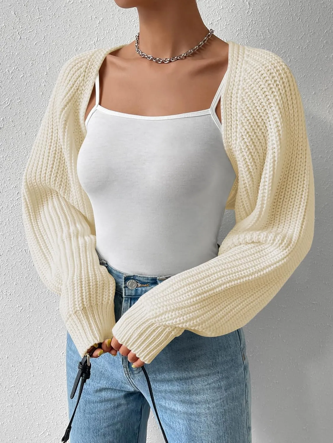 Verdusa Women's Long Sleeve Open Front Knitted Crop Cardigan Sweater Shrug