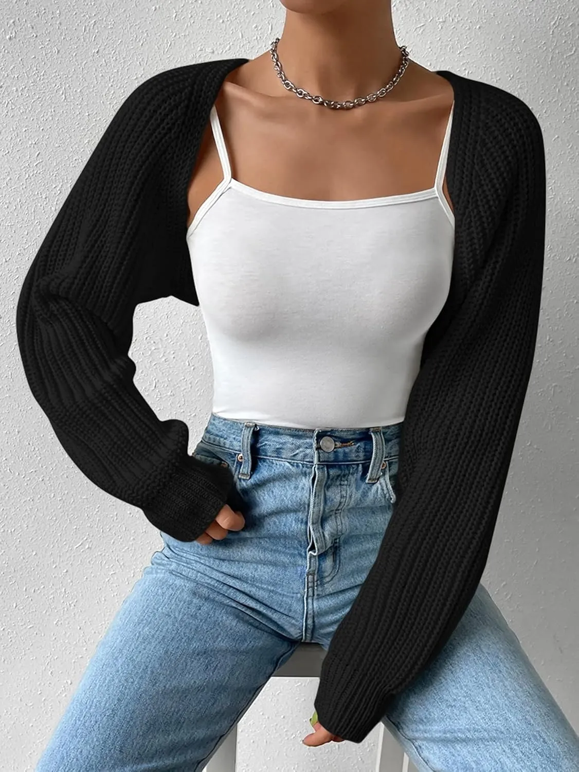 Verdusa Women's Long Sleeve Open Front Knitted Crop Cardigan Sweater Shrug