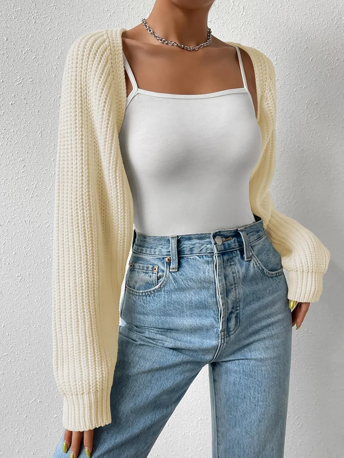 Verdusa Women's Long Sleeve Open Front Knitted Crop Cardigan Sweater Shrug