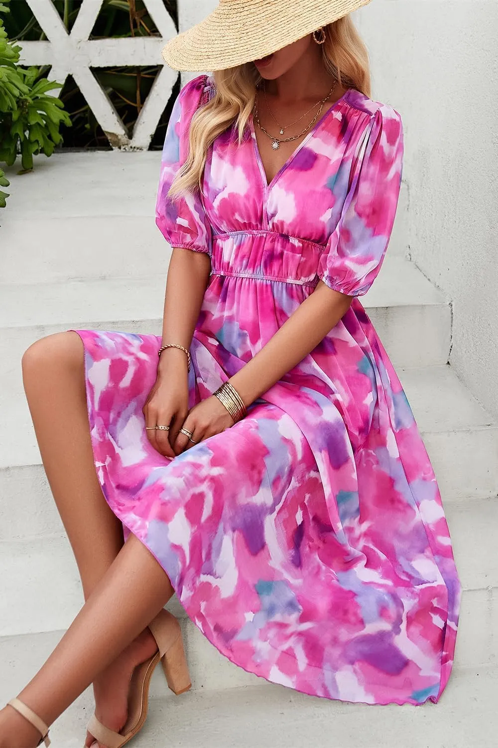 Womens Floral Flowy Wrap V Neck Midi Dress Short Sleeve Elastic Waist Casual Spring Summer Dresses for Women 2025