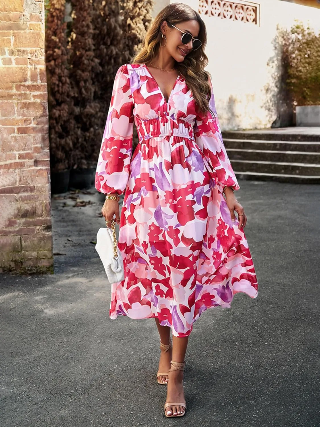 Womens Floral Flowy Wrap V Neck Midi Dress Short Sleeve Elastic Waist Casual Spring Summer Dresses for Women 2025