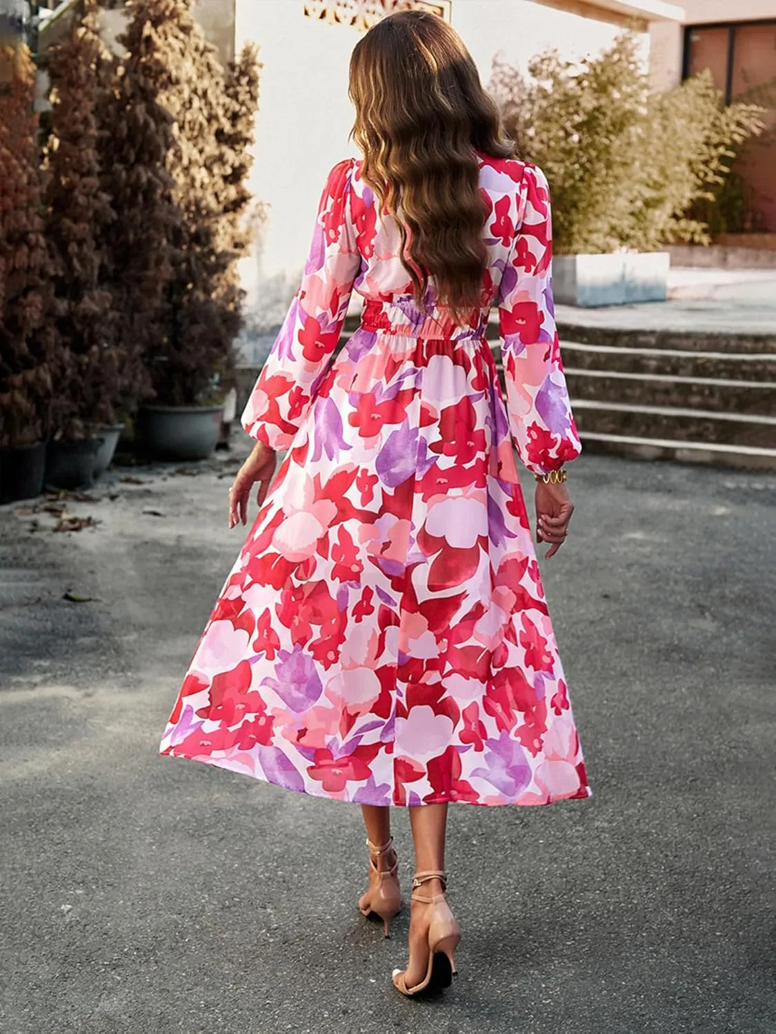 Womens Floral Flowy Wrap V Neck Midi Dress Short Sleeve Elastic Waist Casual Spring Summer Dresses for Women 2025
