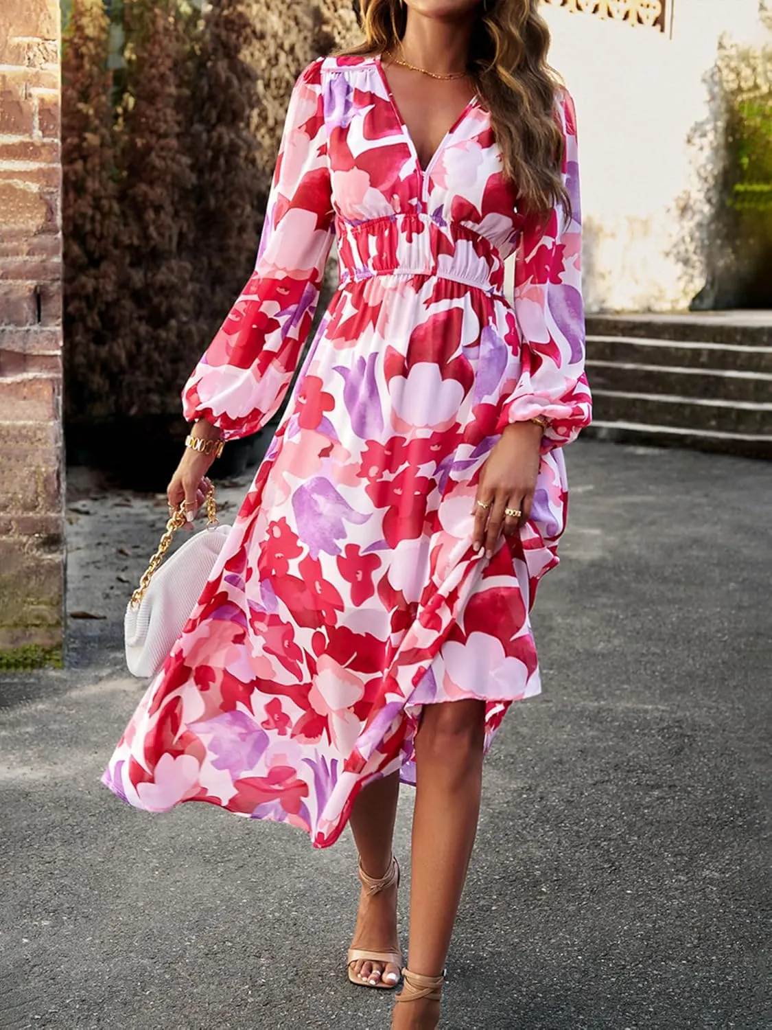 Womens Floral Flowy Wrap V Neck Midi Dress Short Sleeve Elastic Waist Casual Spring Summer Dresses for Women 2025