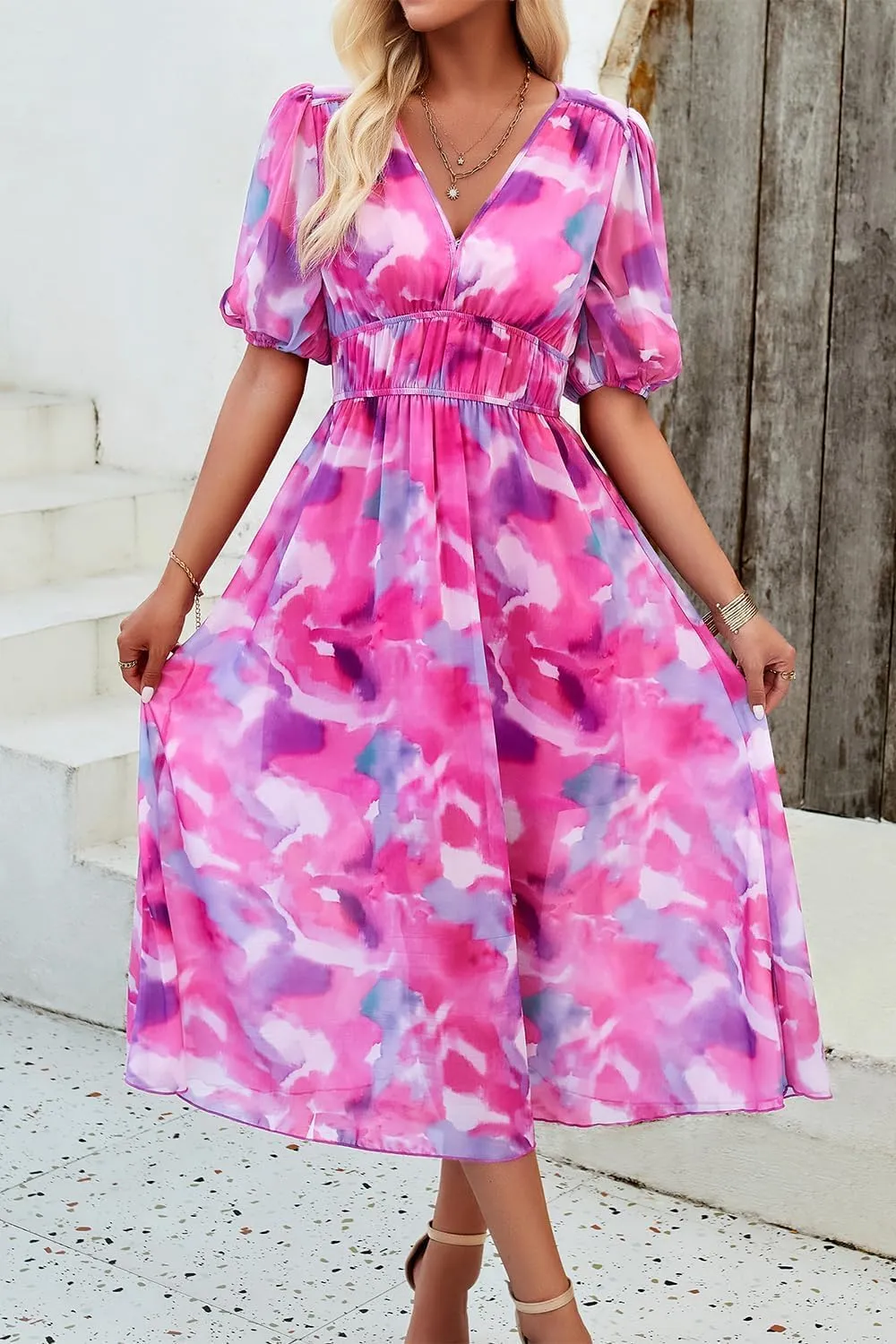 Womens Floral Flowy Wrap V Neck Midi Dress Short Sleeve Elastic Waist Casual Spring Summer Dresses for Women 2025