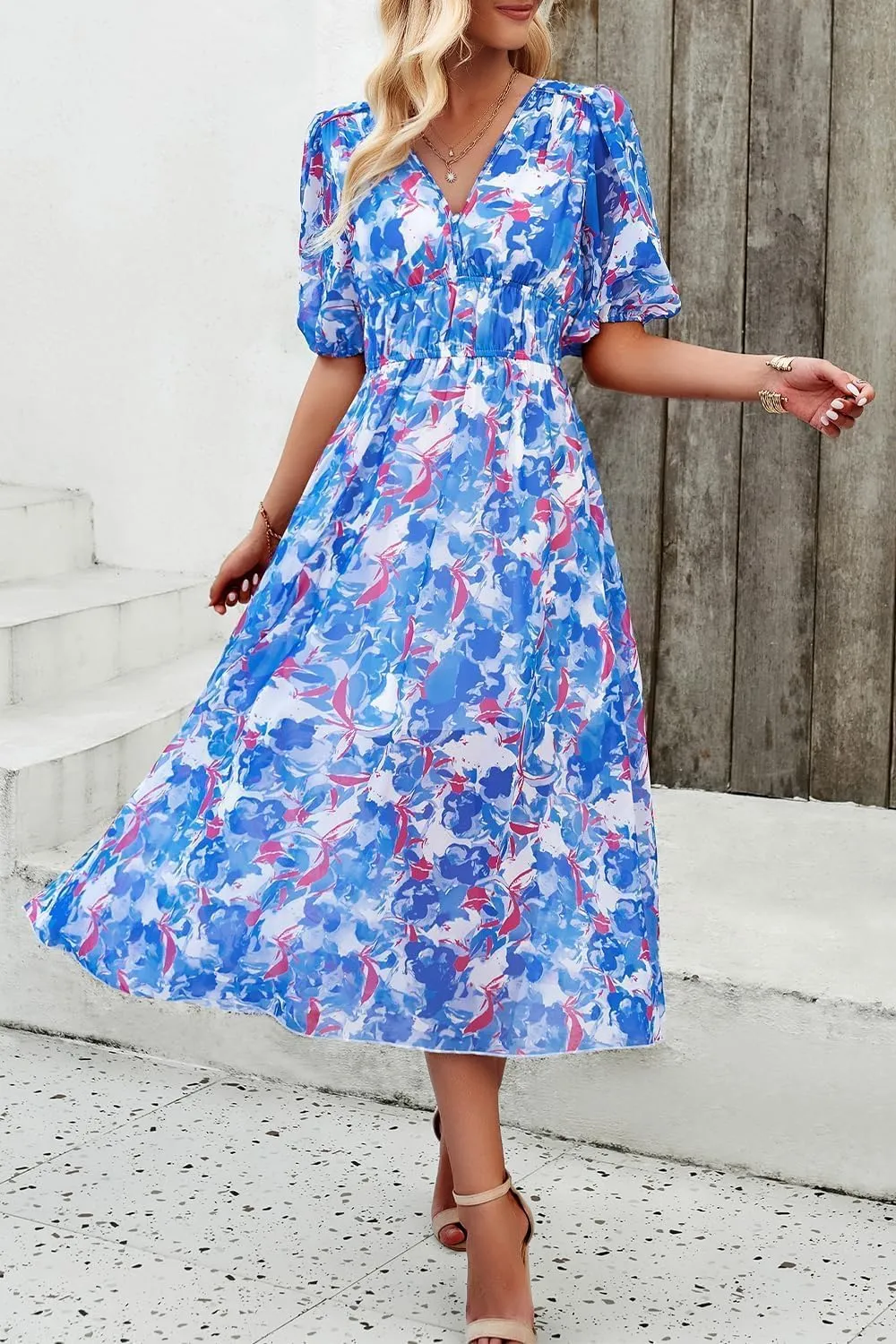 Womens Floral Flowy Wrap V Neck Midi Dress Short Sleeve Elastic Waist Casual Spring Summer Dresses for Women 2025