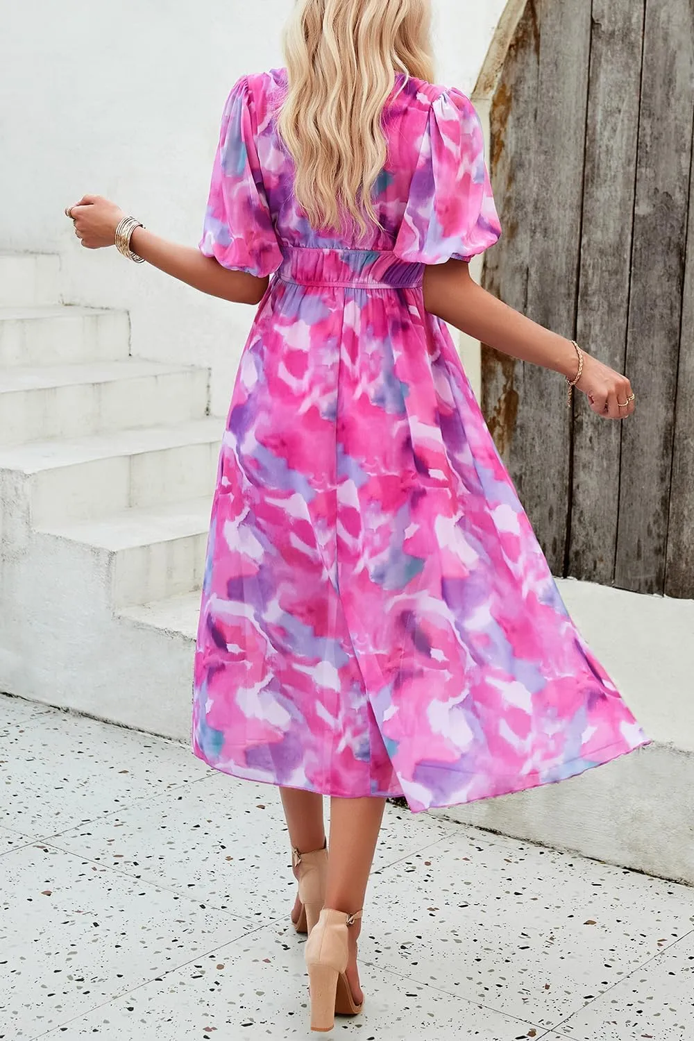 Womens Floral Flowy Wrap V Neck Midi Dress Short Sleeve Elastic Waist Casual Spring Summer Dresses for Women 2025