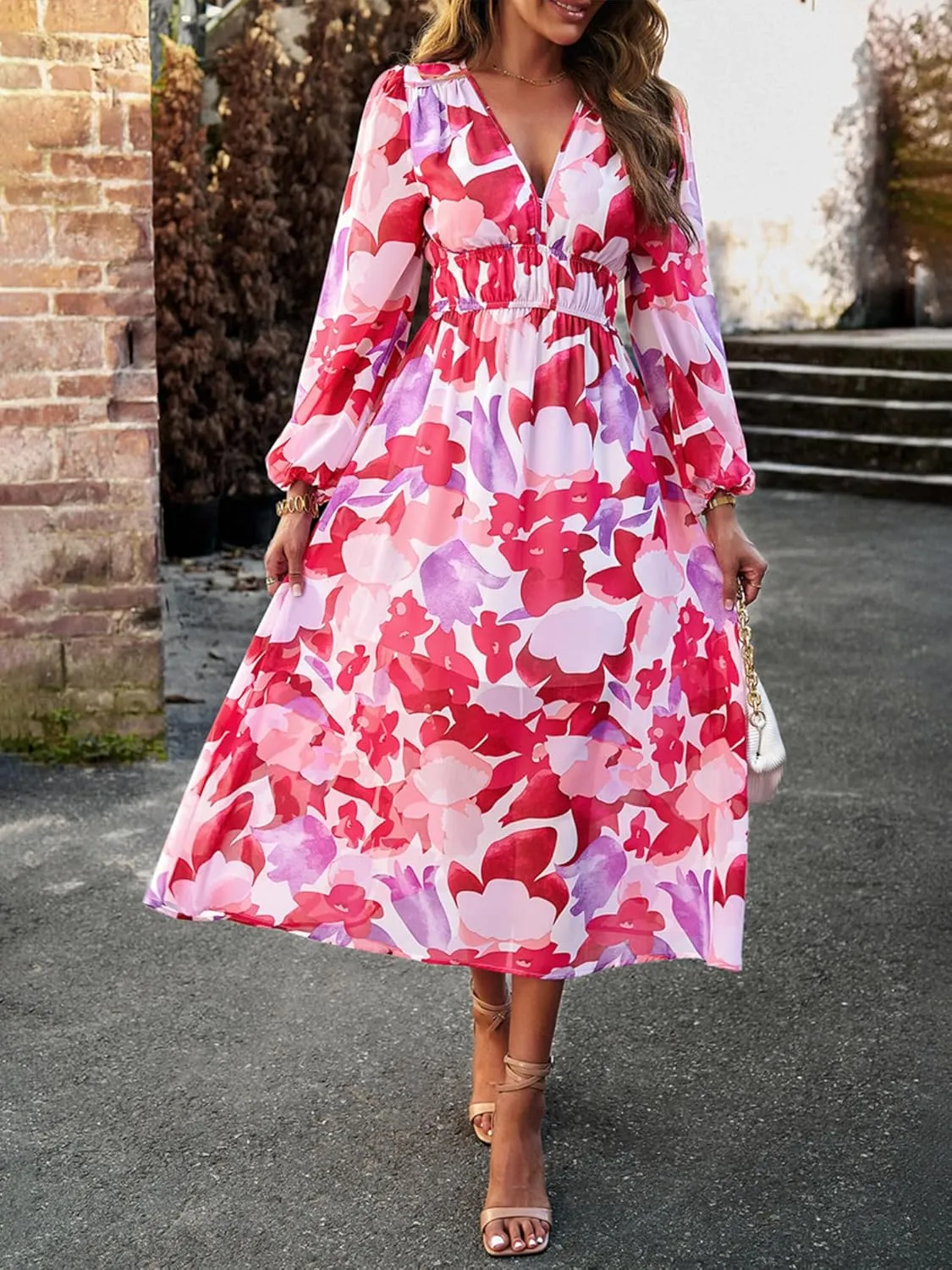 Womens Floral Flowy Wrap V Neck Midi Dress Short Sleeve Elastic Waist Casual Spring Summer Dresses for Women 2025