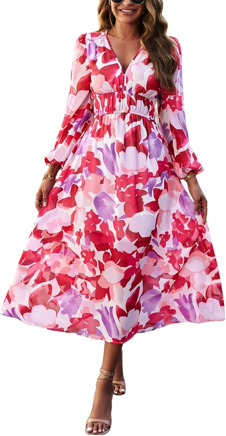 Womens Floral Flowy Wrap V Neck Midi Dress Short Sleeve Elastic Waist Casual Spring Summer Dresses for Women 2025