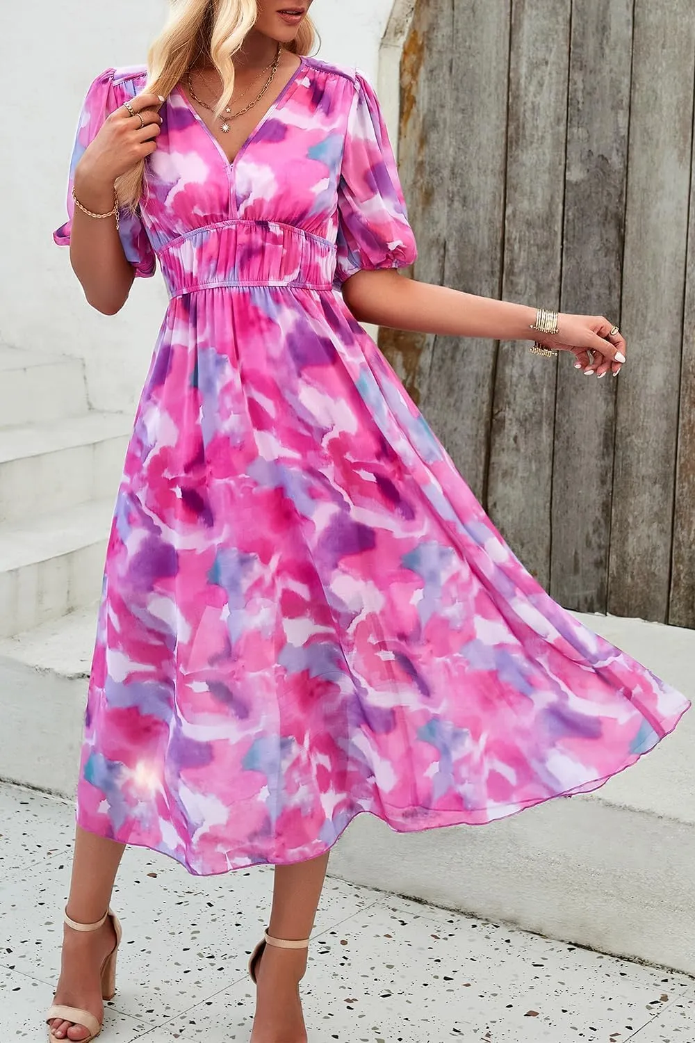 Womens Floral Flowy Wrap V Neck Midi Dress Short Sleeve Elastic Waist Casual Spring Summer Dresses for Women 2025