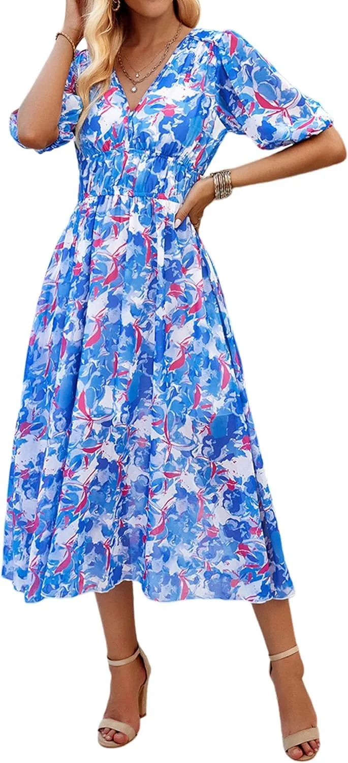 Womens Floral Flowy Wrap V Neck Midi Dress Short Sleeve Elastic Waist Casual Spring Summer Dresses for Women 2025